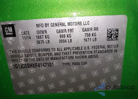 2015 Chevrolet Sonic Lt Auto z USA, uszkodzony, nr VIN 1G1JC6SHXF4147101